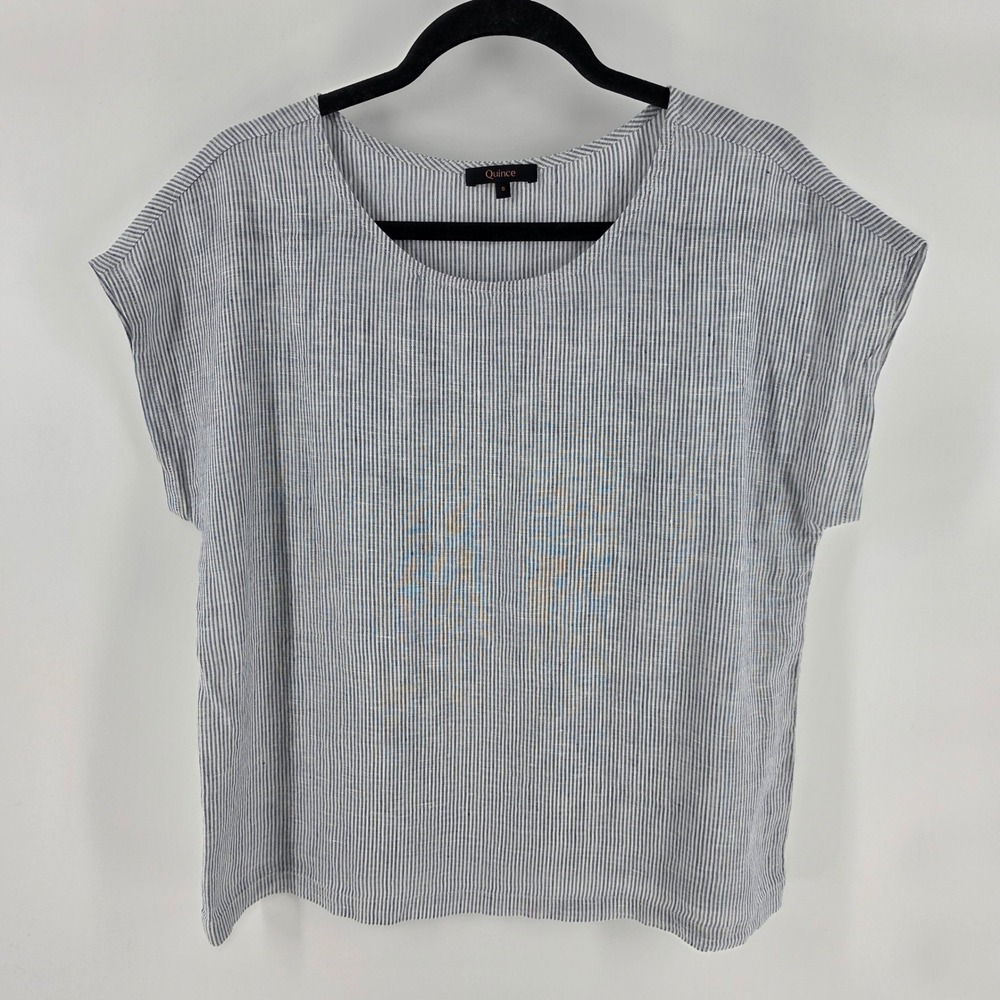 Quince Linen Top Women Small Blue White Striped Short Sleeve Relaxed Coastal